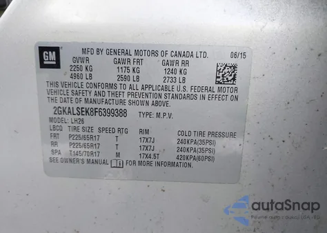 2015 GMC Terrain Slt-1 z USA, uszkodzony, nr VIN 2GKALSEK8F6399388